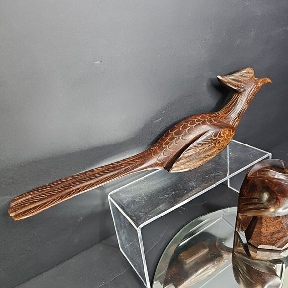 Roadrunner And Pelican Ironwood Wood Carvings. Roadrunner Mounts On Wall - Picture 2 of 15
